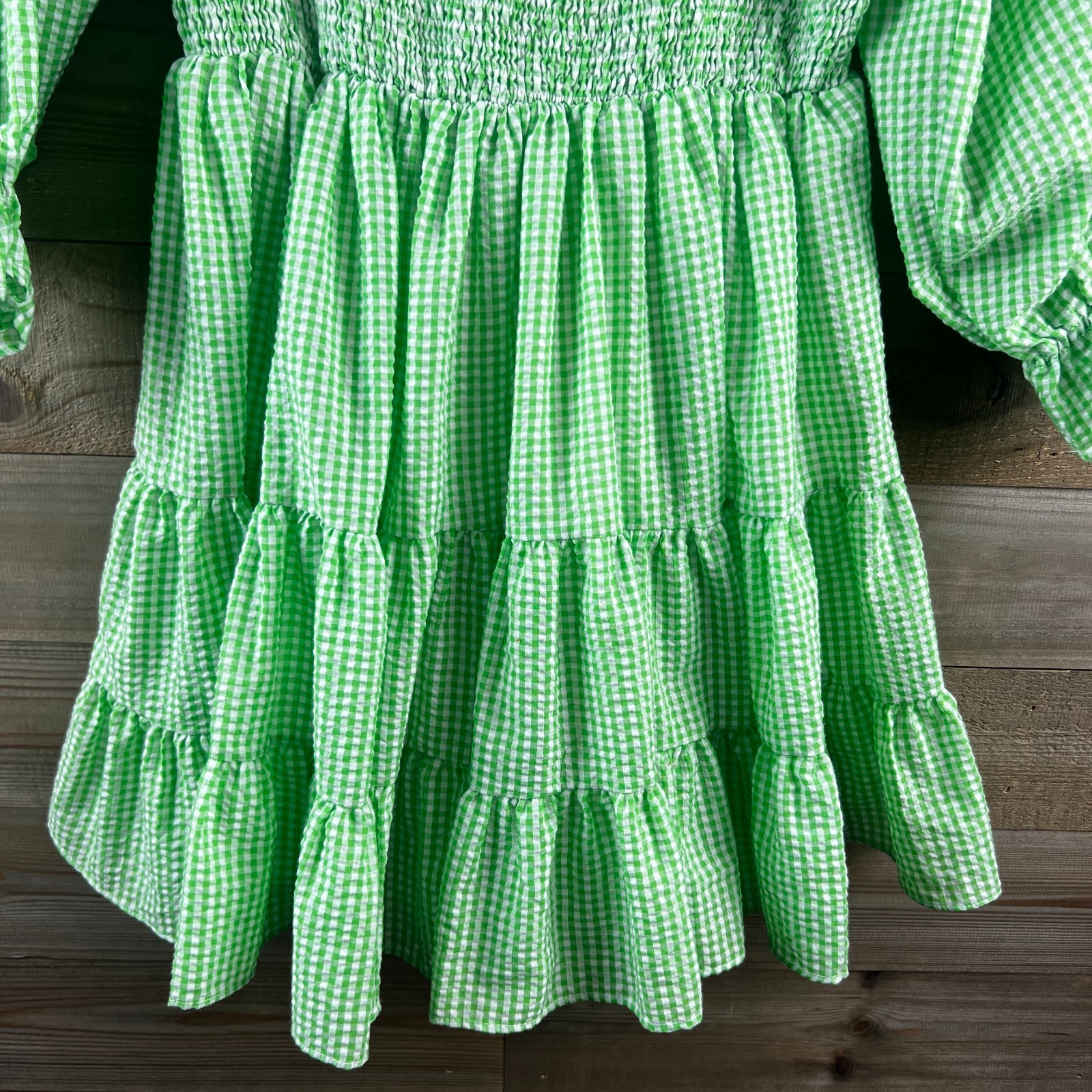 Mable Womens Dress Smocked Gingham Plaid Mini Babydoll Cottagecore Green Large