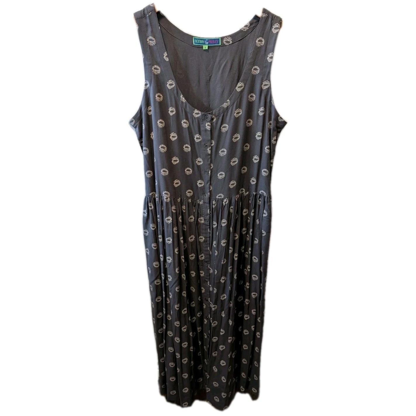 Bombay Paisley Westside A-Line Shirt Dress Sz S Button Front Grey/Brown Boho EUC