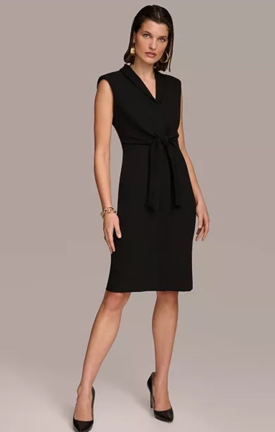 Donna Karan New York Black Solid V-Neck Sleeveless Wrap Belted Dress 8