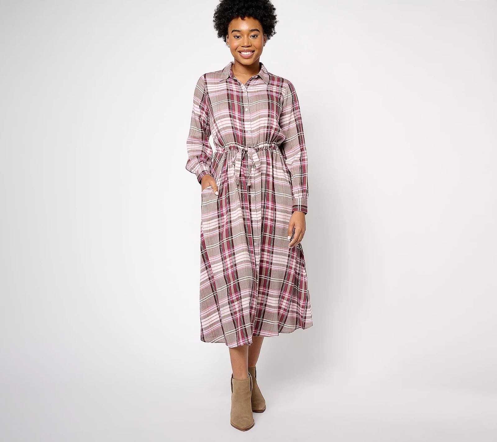 Encore by Idina Menzel Regular Button Front Shirt Dress Wine Pink Multi Sz XS