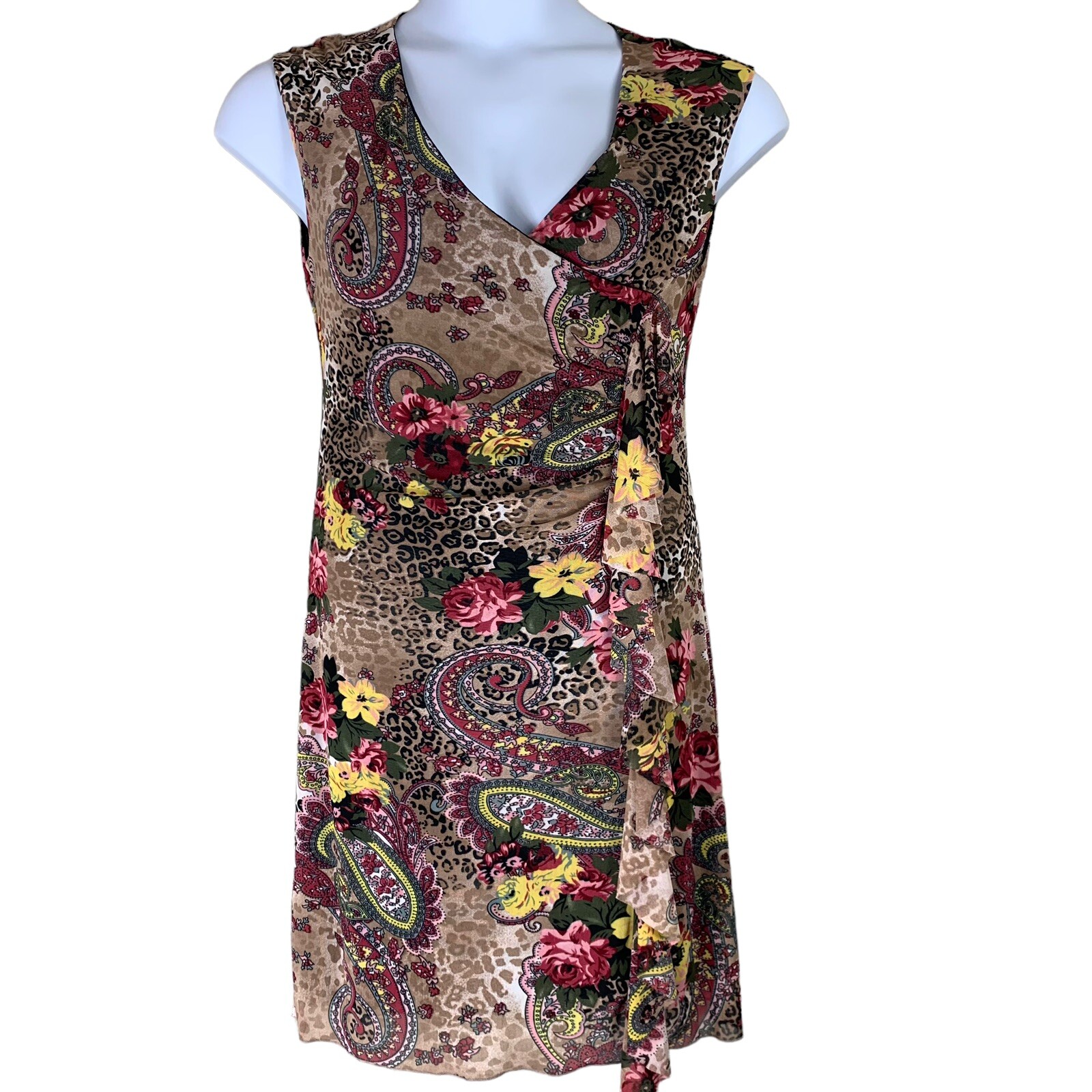 Mechant Size Medium Dress Slim Fit VNeck Tank Ruffle Floral Paisley Animal Print