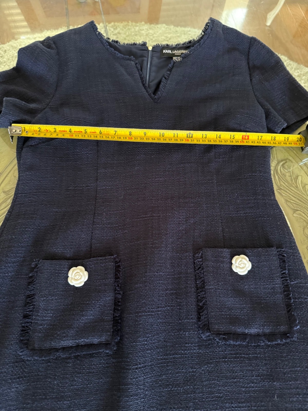 Karl Lagerfeld Navy Blue Tweed Sheath Shift Dress Pockets Rosette Buttons Sz 12