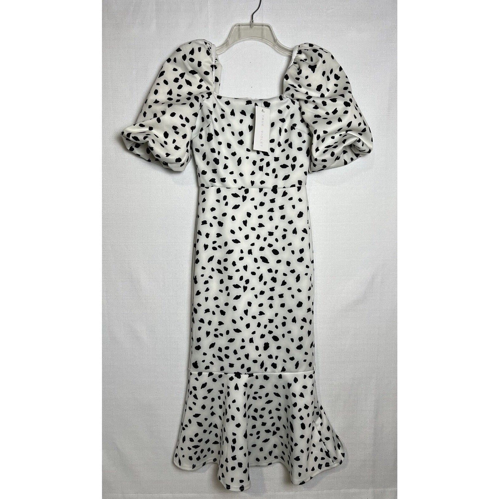 TRUE VIOLET PUFF SLEEVE SQUARE NECK MIDI DRESS IN MONO SPOT PRINT Size 6 NWT