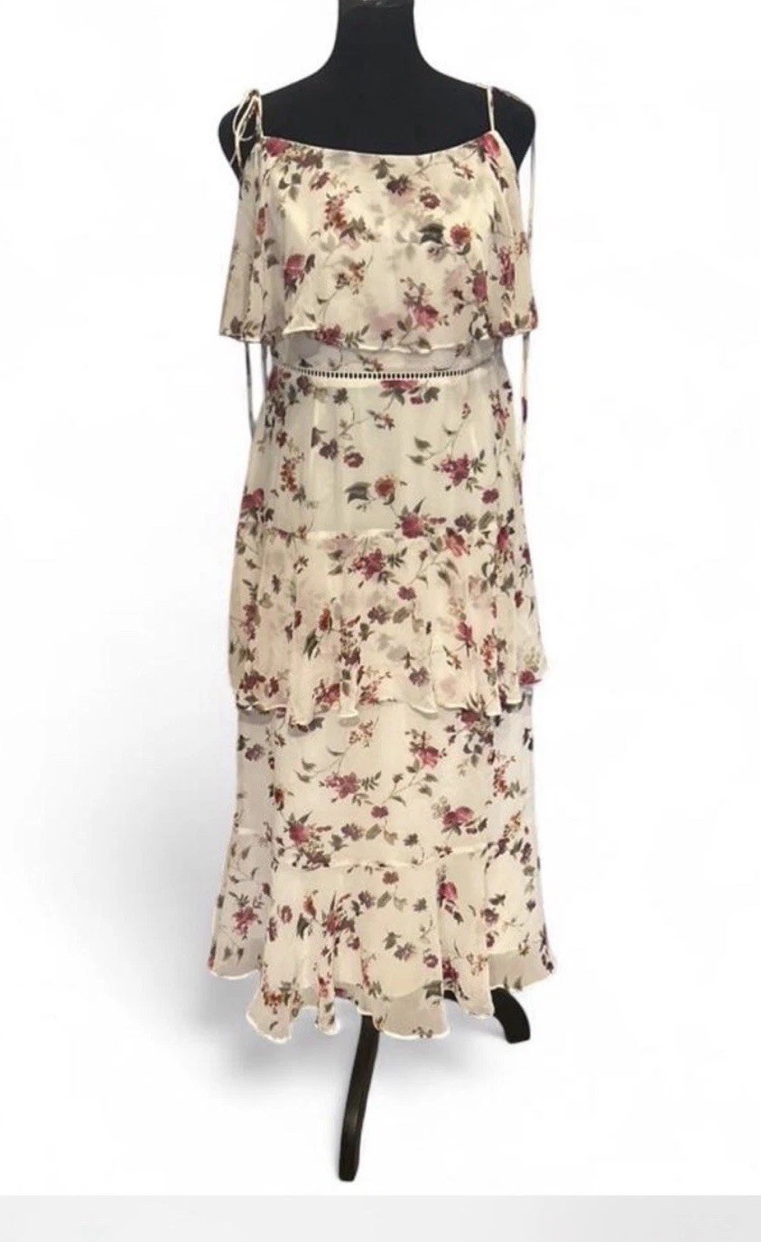 WAYF Ivory Multicolor Floral Chiffon Cold Shoulder Maxi Dress Zip M