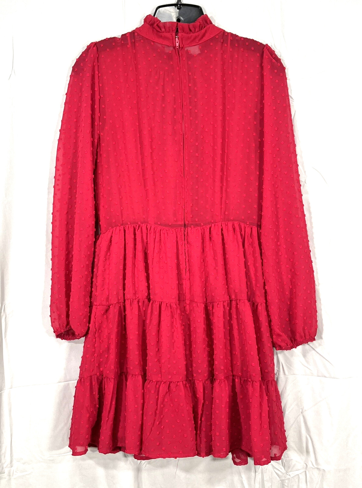 FRANCESCA’S Mi Ami RUBY RED Swiss Dot Chiffon SHEER BACK/SLEEVES Tiered Dress M