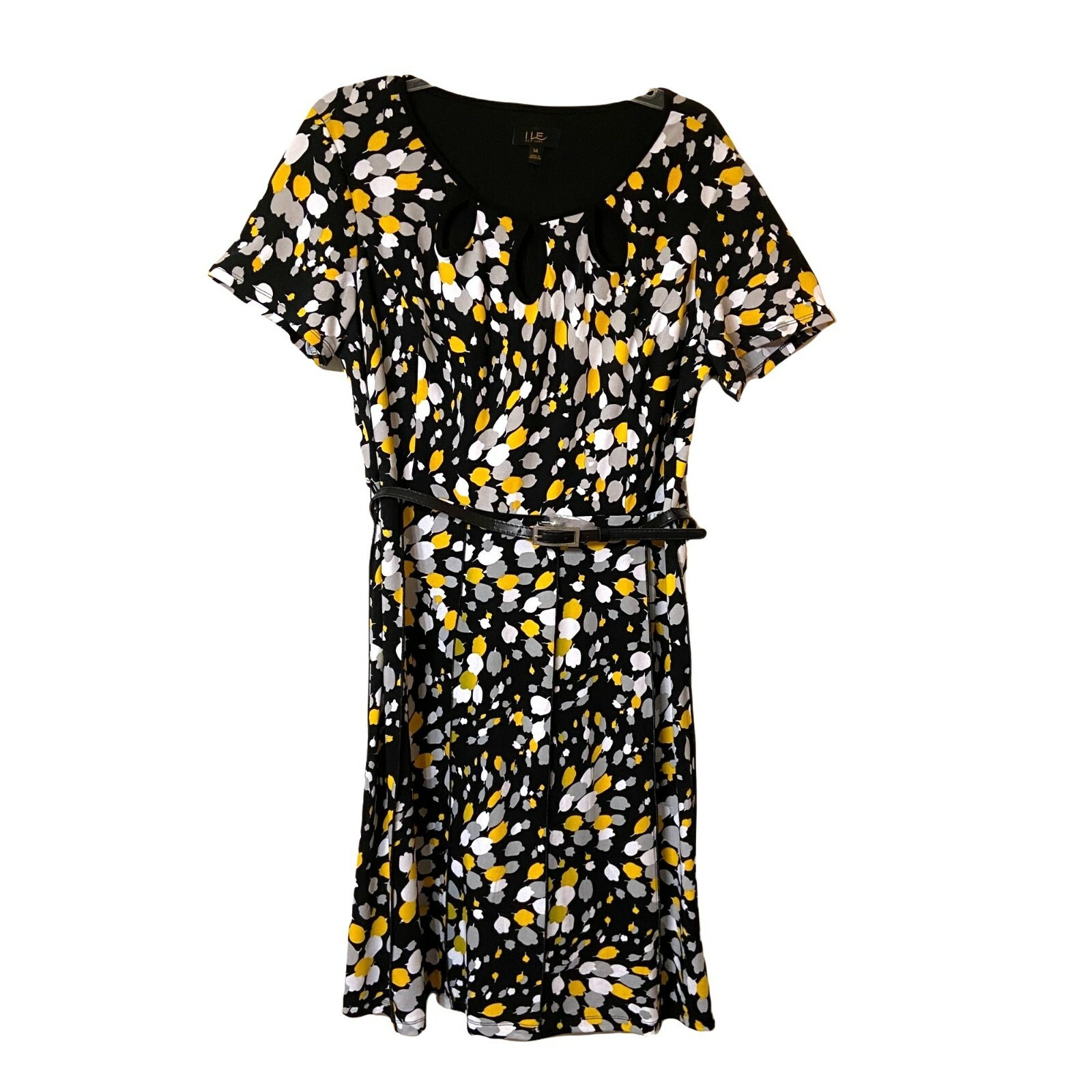 ILE New York Womens Dress 14 Floral Short Sleeve Belted Keyhole Neck Stretch
