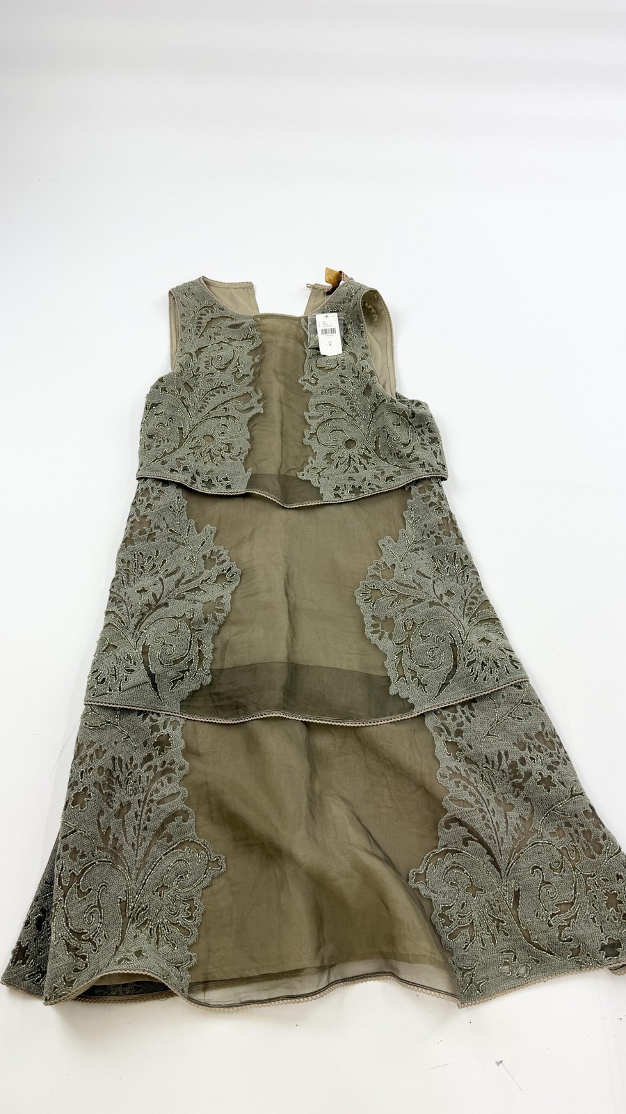 Not So Serious Dress Womens 0 Olive Green Silk Beaded Embroidered Tiered Sheer