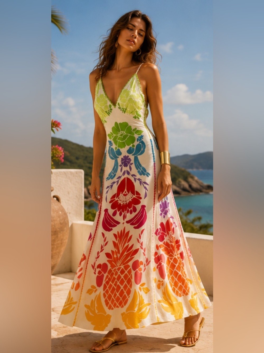 Farm Rio Tropical Graphic Placed Maxi Dress Floral Rainbow Linen Women’s Size S