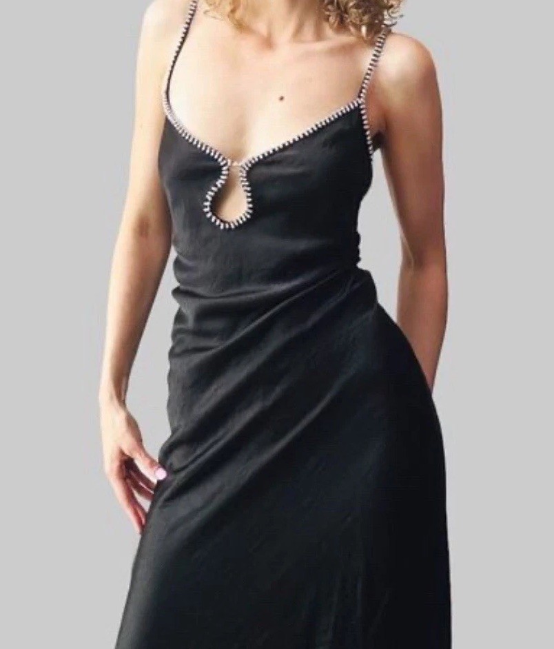 Rumored Revolve Black Satin Maxi Slip Dress Beaded Keyhole Cutout Medium