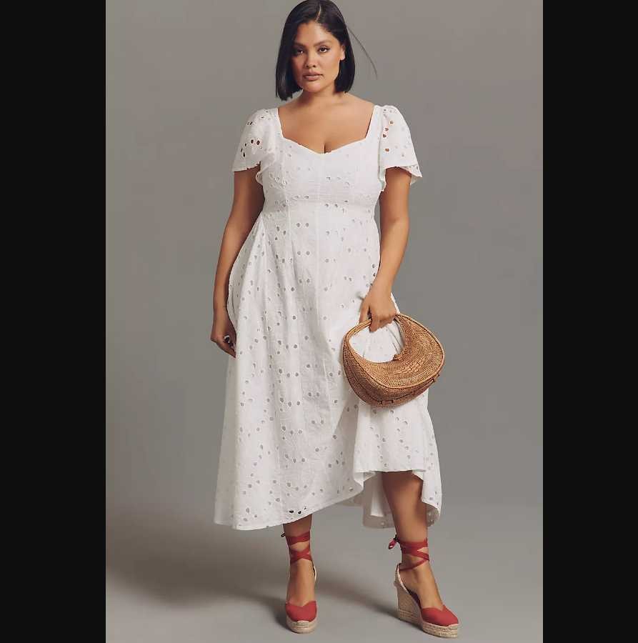 New XL Extro&Vert from Anthropologie Ada flutter-sleeve Broderie midi dress