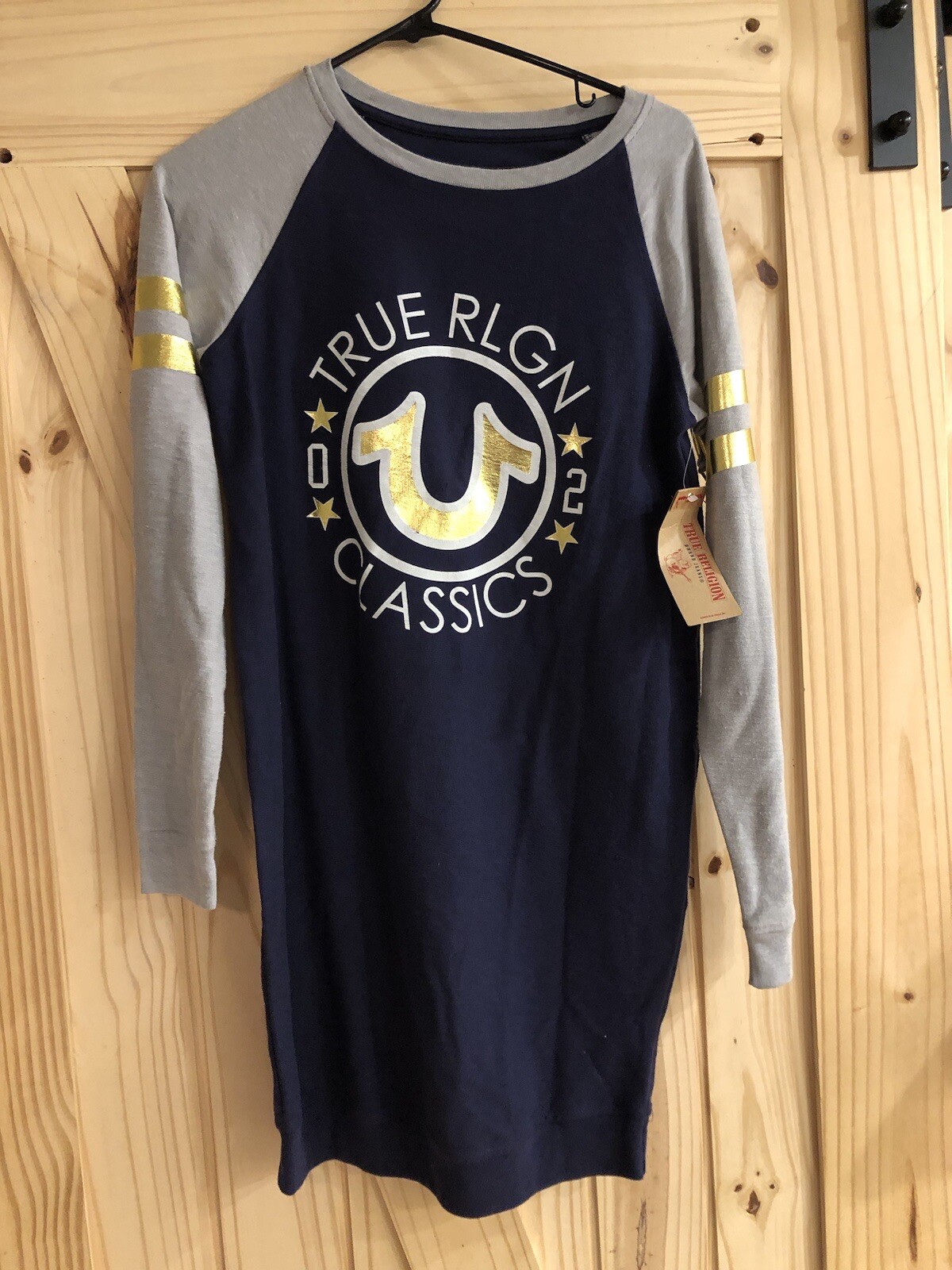 True Religion Cotton Blend Long Sleeve Graphic Shirt Dress Knee Length XS NWT