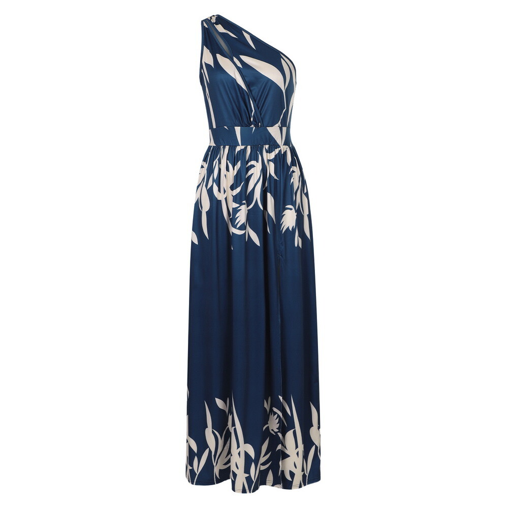 Womens Print One Shoulder High Split Maxi Dress Ladies Party Cocktail Long Dress