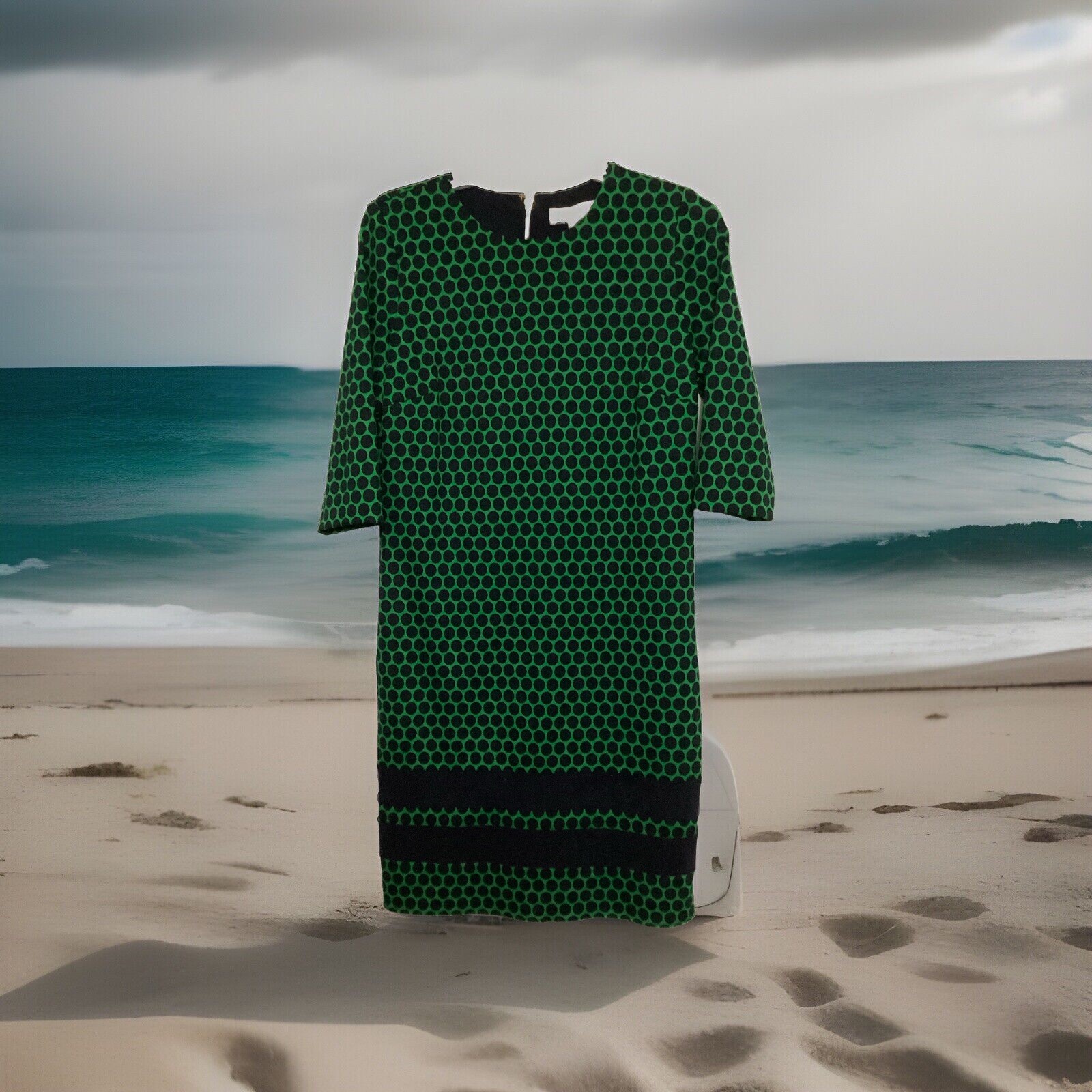 Michael Kors Size 6 Women’s 3/4Sleeve Polka Dot Dress gold exposed Zipper Logo