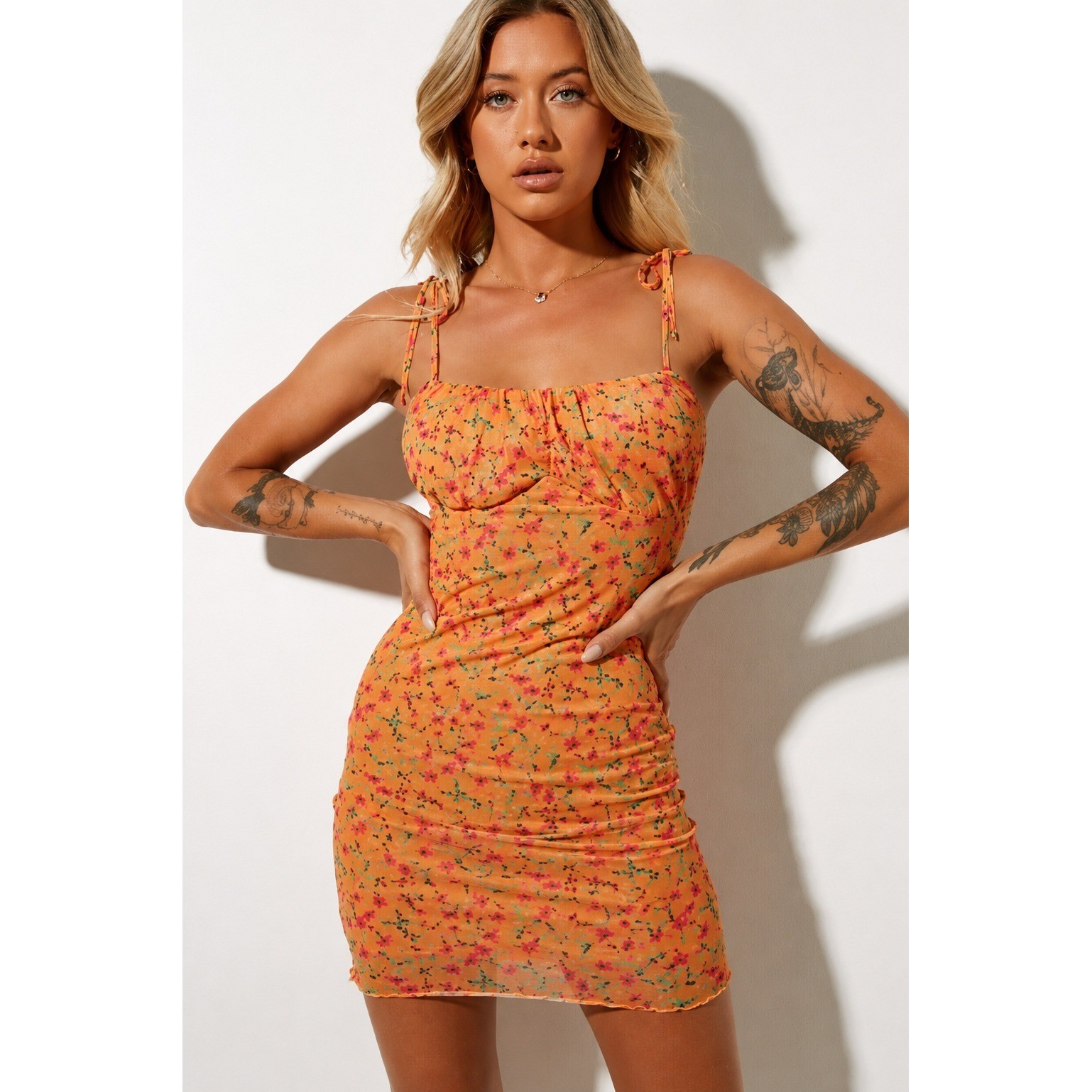 Motel Rocks Holina Mini Dress Orange Summer Floral Bodycon S