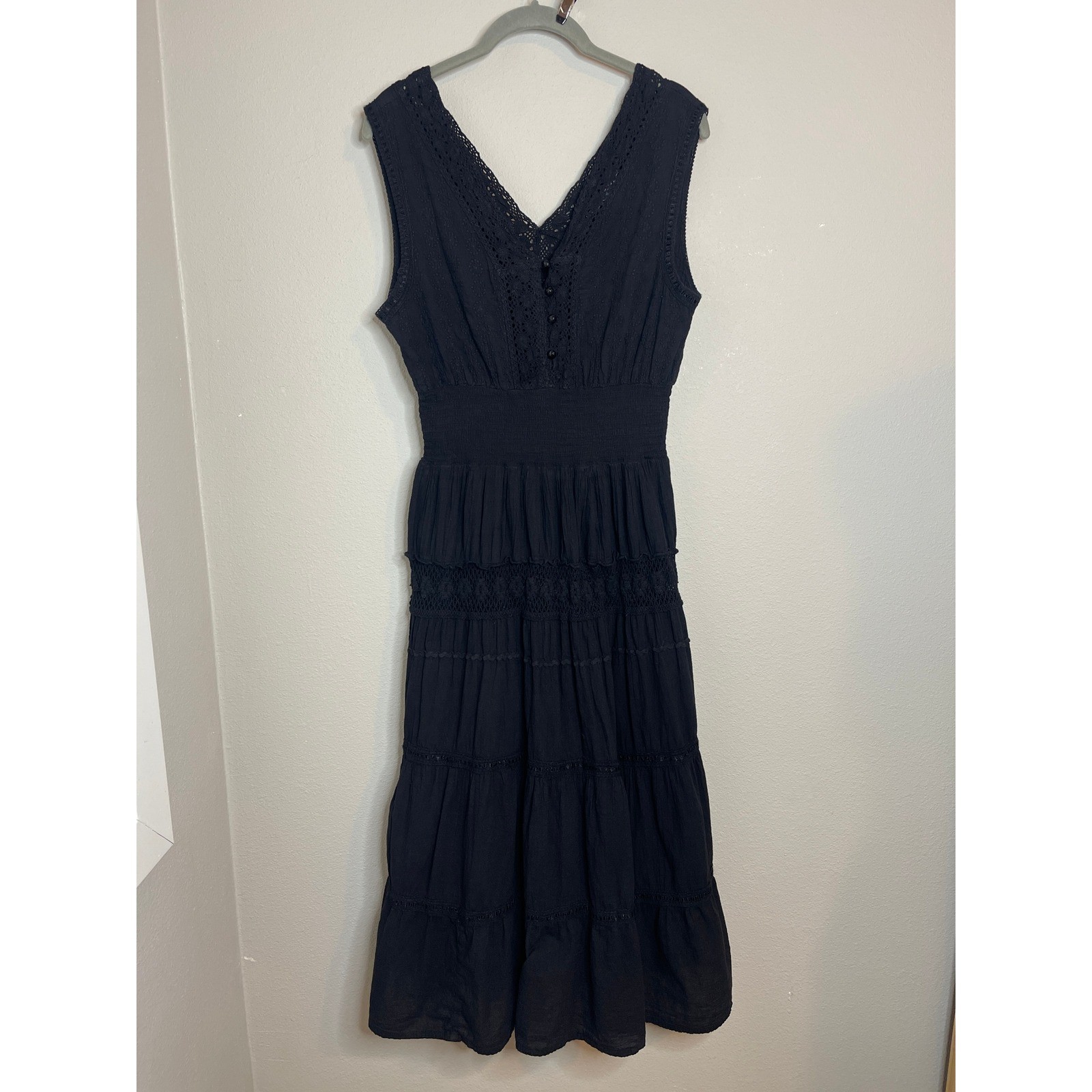 100% Cotton Midi Dress Black Cotton Crochet Lace Eyelet Tiered Smocked Small