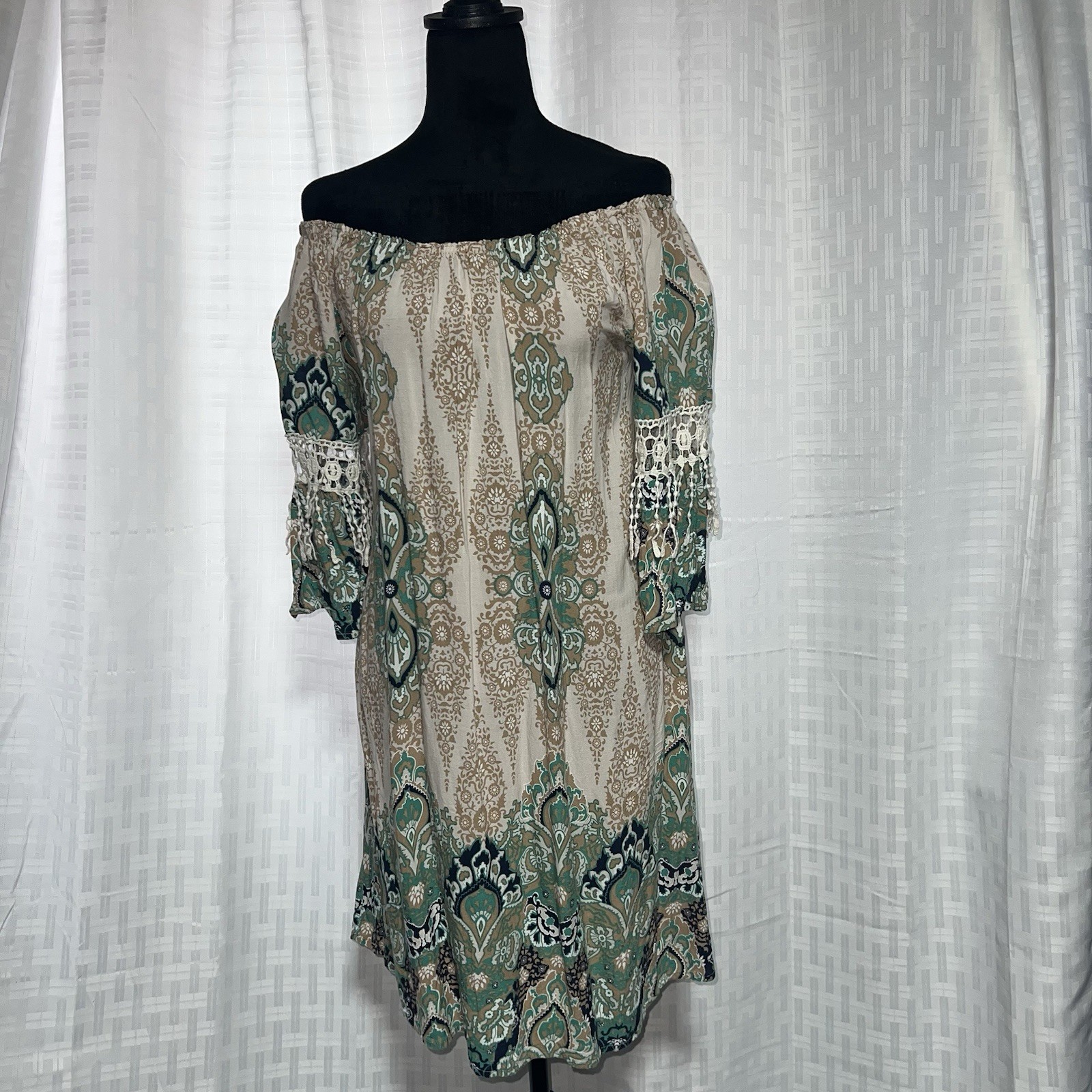 Umgee Boho Off Shoulder Dress L Paisley Bell Sleeve Crochet Fringe Tunic