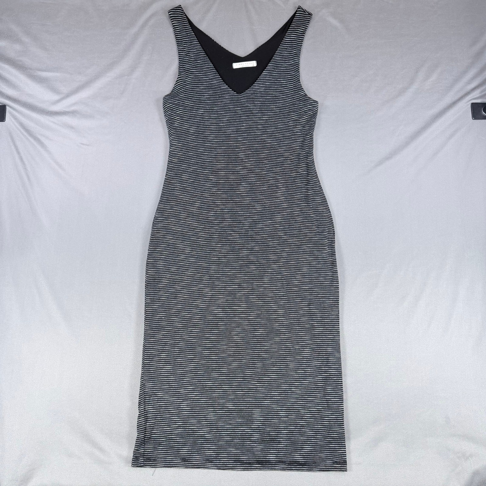 Final Touch Black White Striped Sleeveless V-Neck Midi Dress Women’s Size Medium