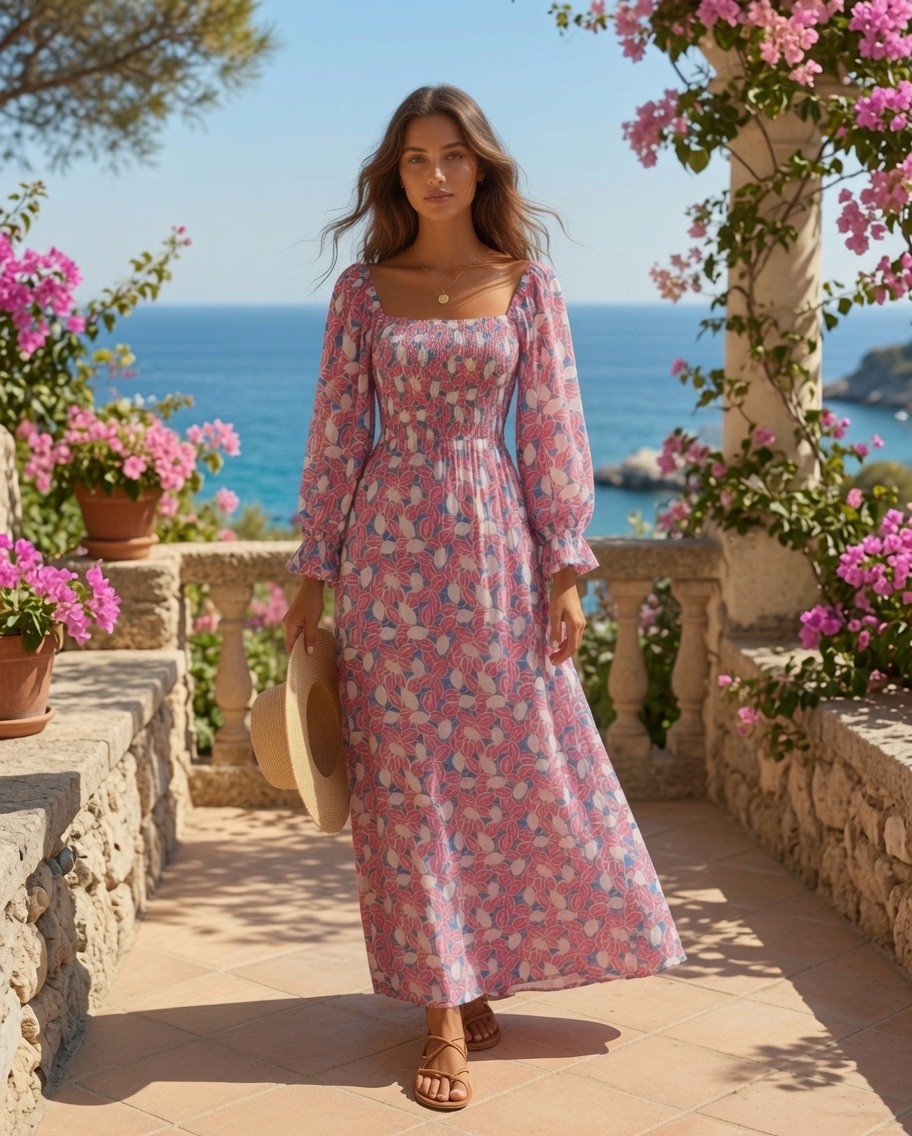 NWT J.NNA Smocked Maxi Dress Small Pink Blue Floral Long Balloon Sleeve Cottage