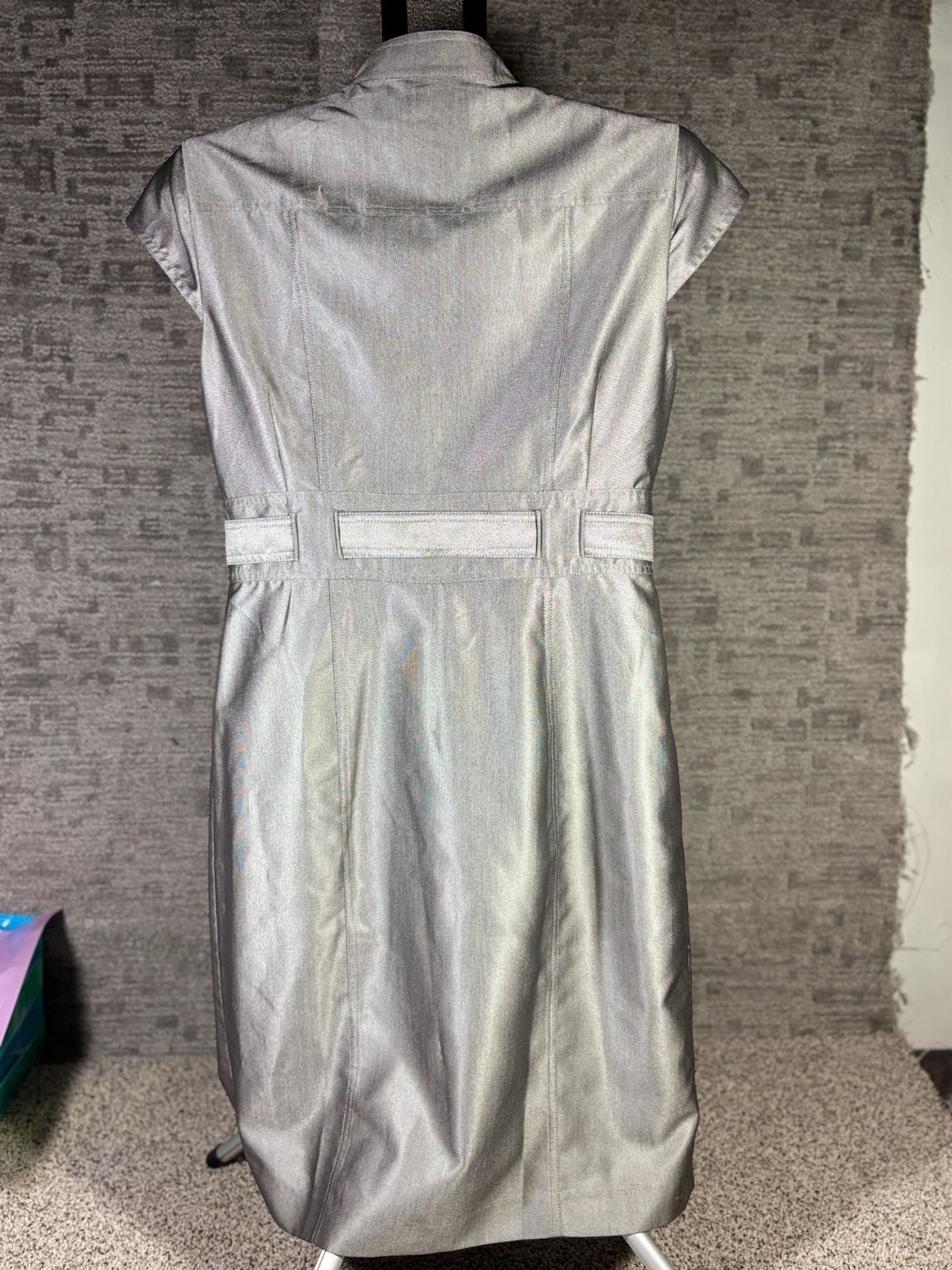 Calvin Klein Metallic Gray Button-Front Sheath Dress with Belt, Size 12