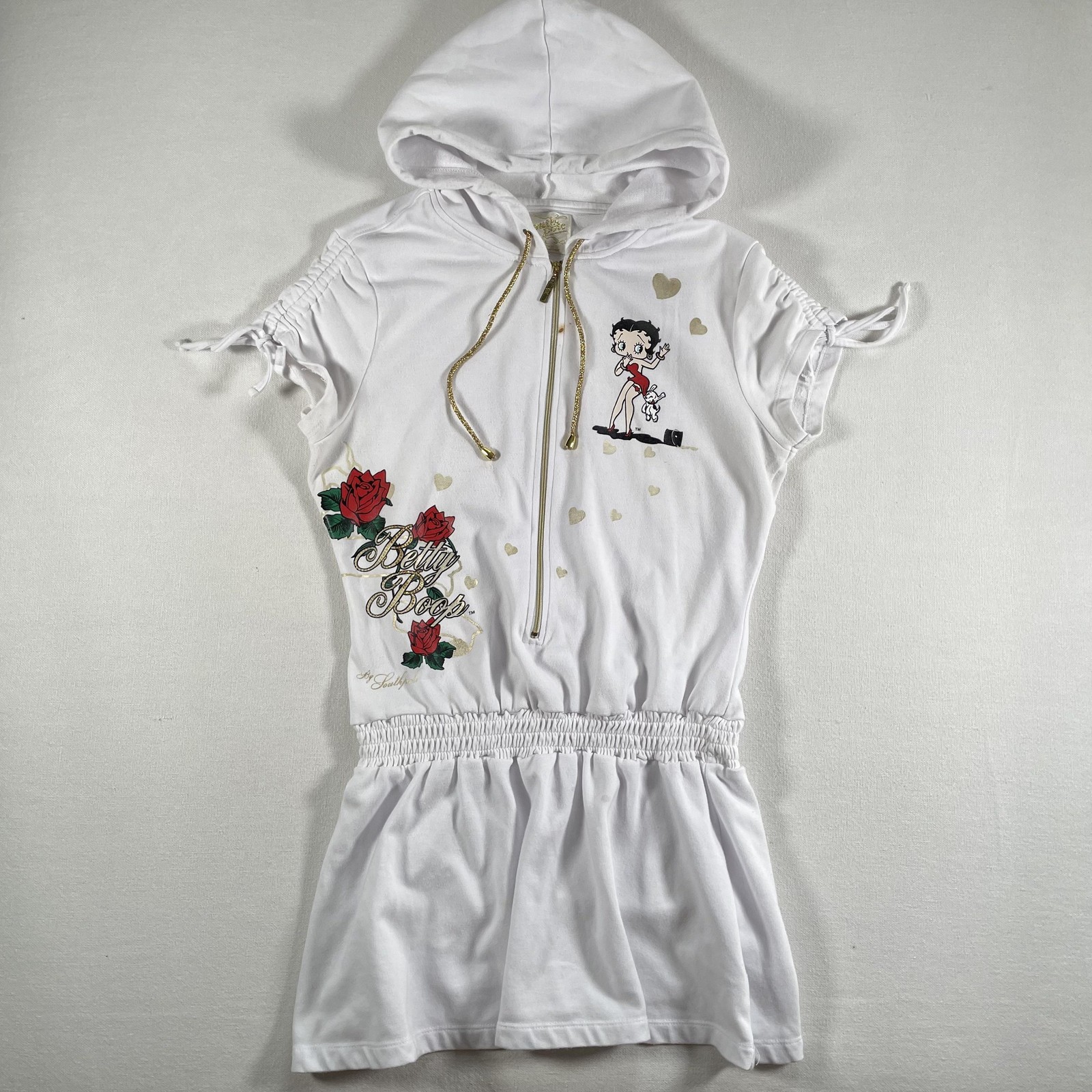 Vintage Betty Boop By Southpole Dress Womens Large White Hooded Zip Jeweled Y2K