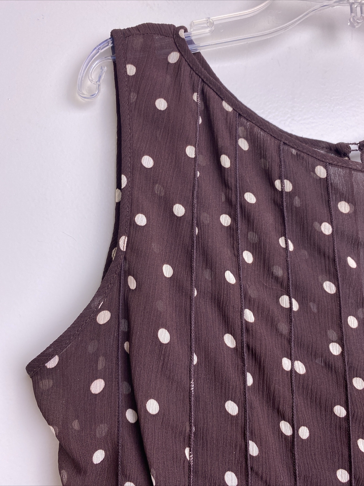 Brown White Polka Dot Sheer Lined Sleeveless Ruffle Dress Sz 12 Pretty Woman