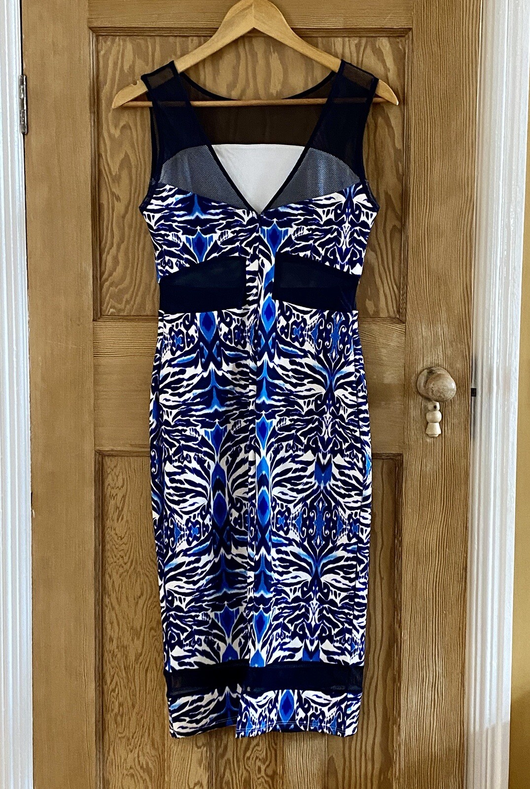 Amy Childs blue Aztec pattern bodycon stretch midi dress. Mesh inserts. Size 10