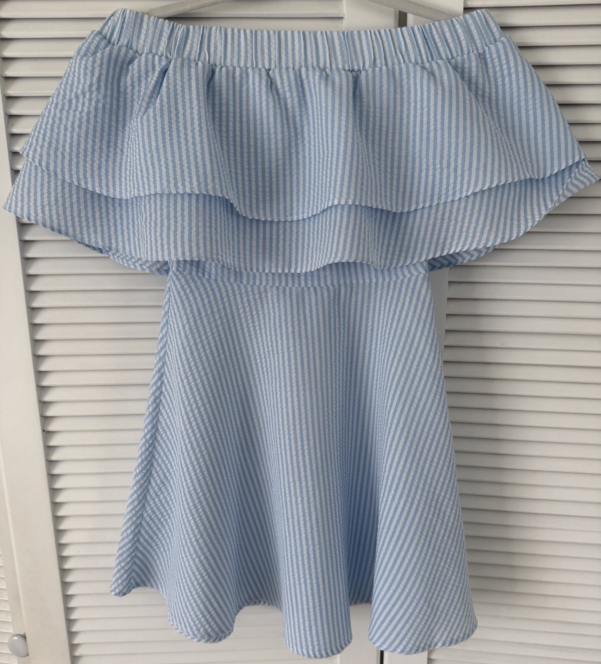 Missguided Blue White Seersucker Off Shoulder Bardot Ruffle Dress US 2 UK 4 NWOT