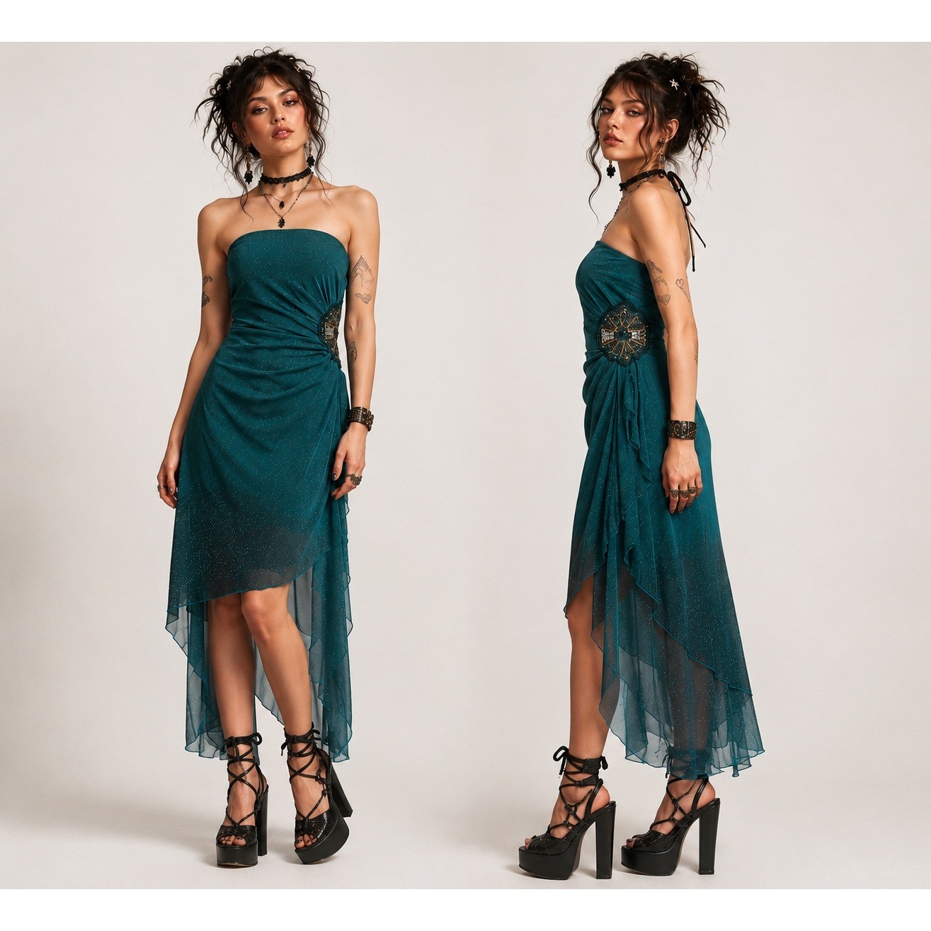 Y2K Teeze Me High-Low Dress 9 Teal Green Sparkle Beaded Ruched Strapless Mesh