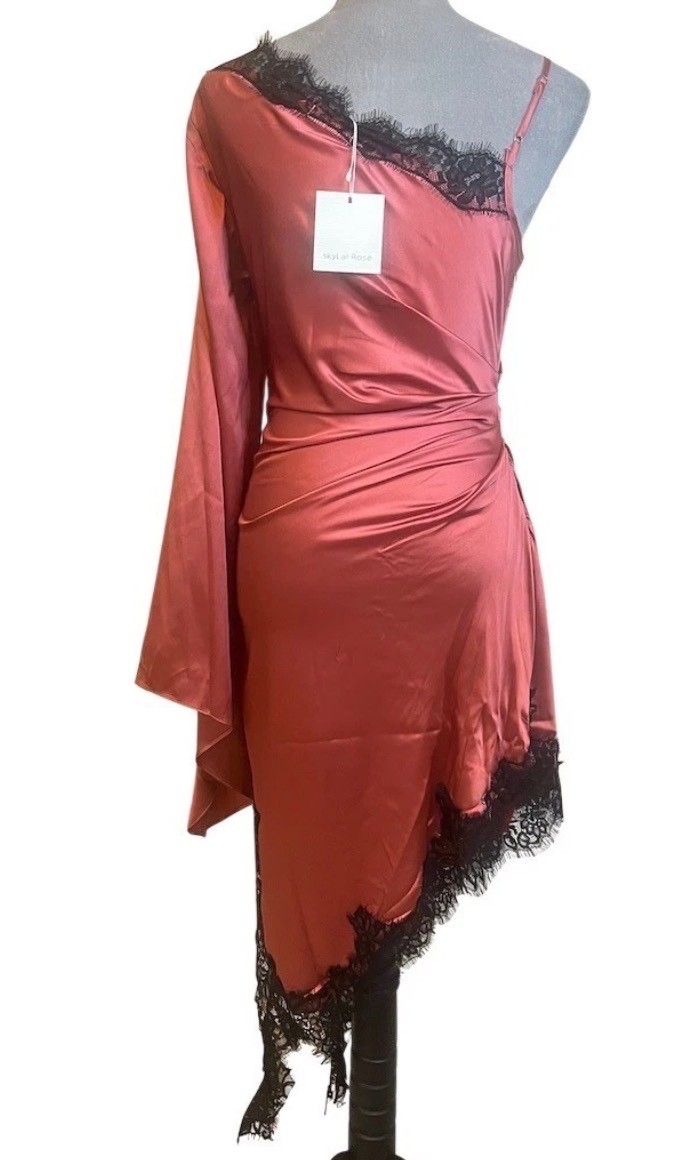 Silky Satin Asymmetrical Pink Dress M One Shoulder Midi Lace Trim Cocktail Party