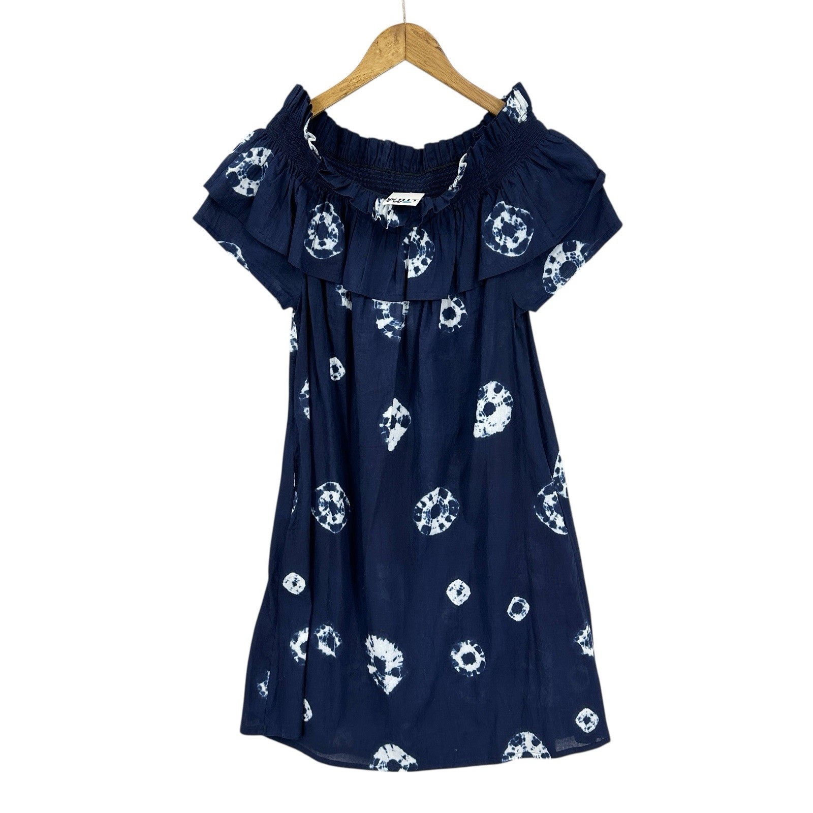 New! WHIT TWO Anthropologie Lou Off The Shoulder Sheer Dress L Blue Tie Dye U978