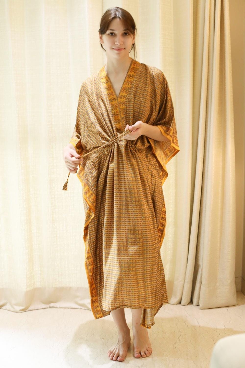 Silk Yellow Kaftan / Handmade Flowy Maxi Dress / Resort Wear Outfit PS MFN1006