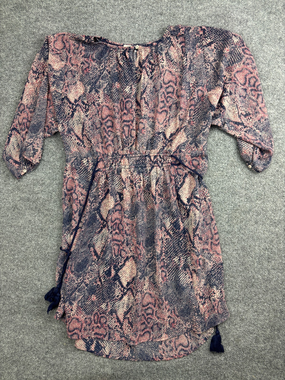 Floreat Dress Womens Small Blue Snake Animal Print Blouson Tassel Waist Mini