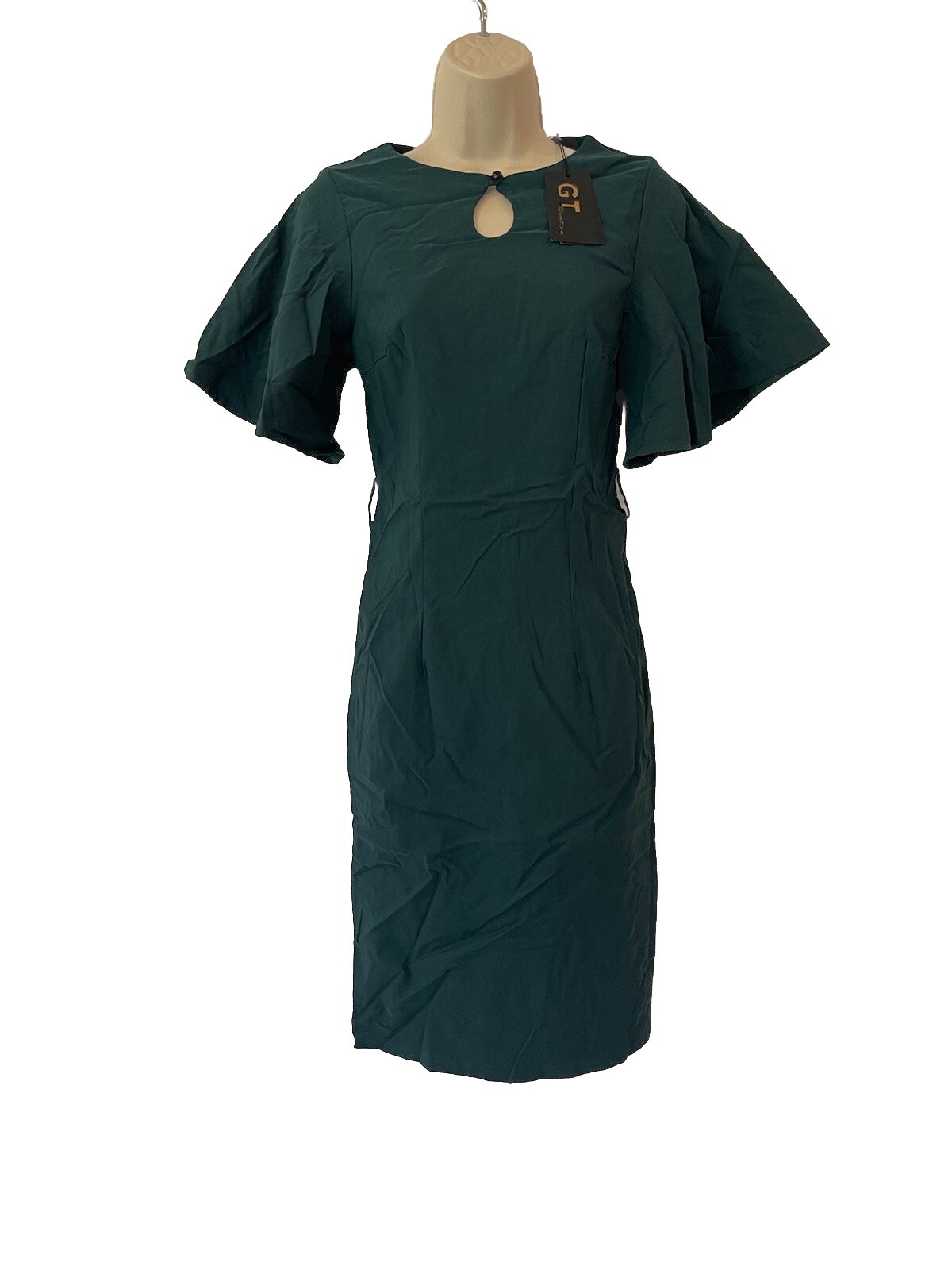 Gown Town Green Size M Keyhole Party Dress Short Sleeve Midi Office