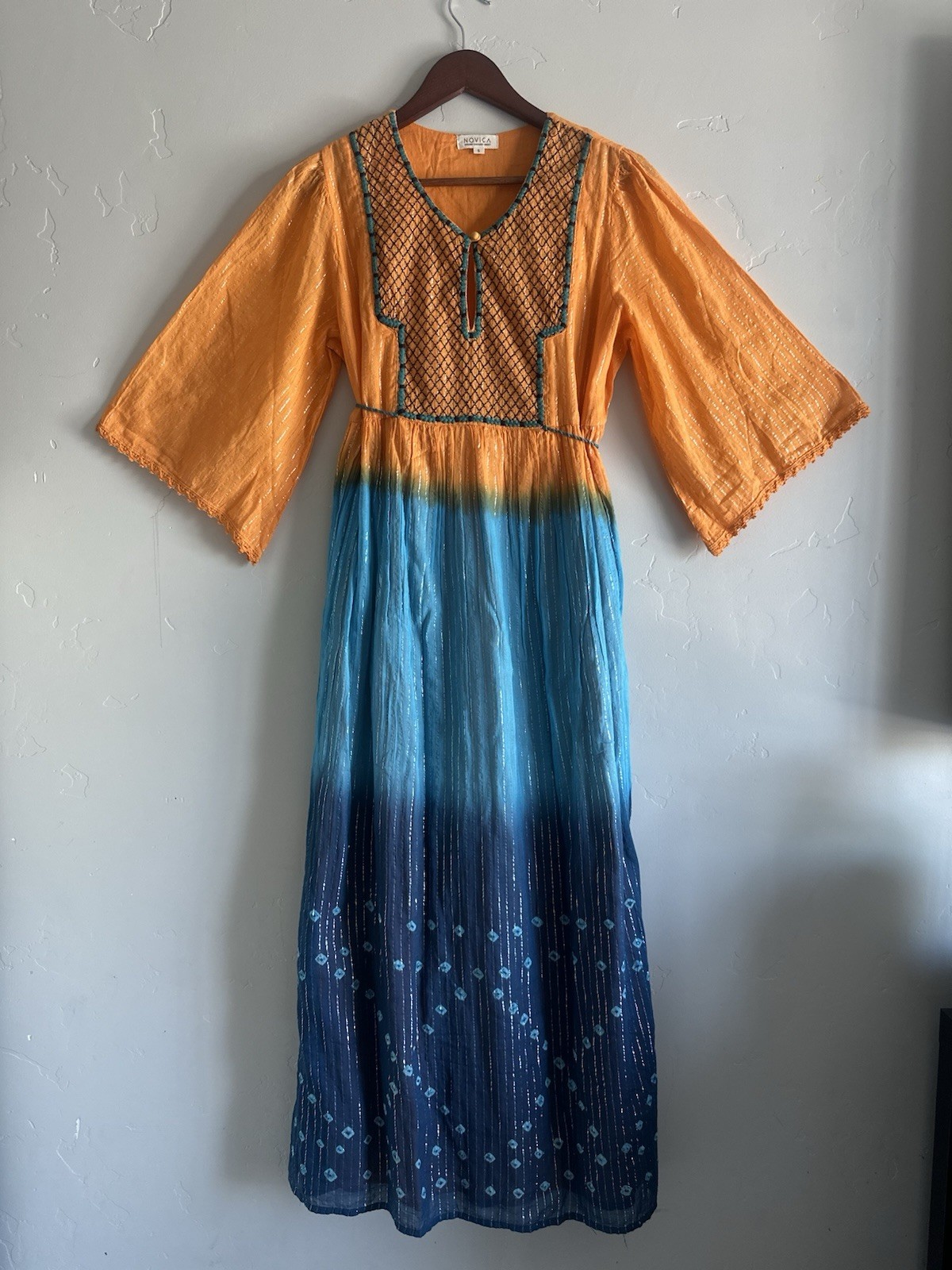 NOVICA Orange Blue Ombre Embroidered Maxi Dress S Lined 3/4 Bell Sleeve