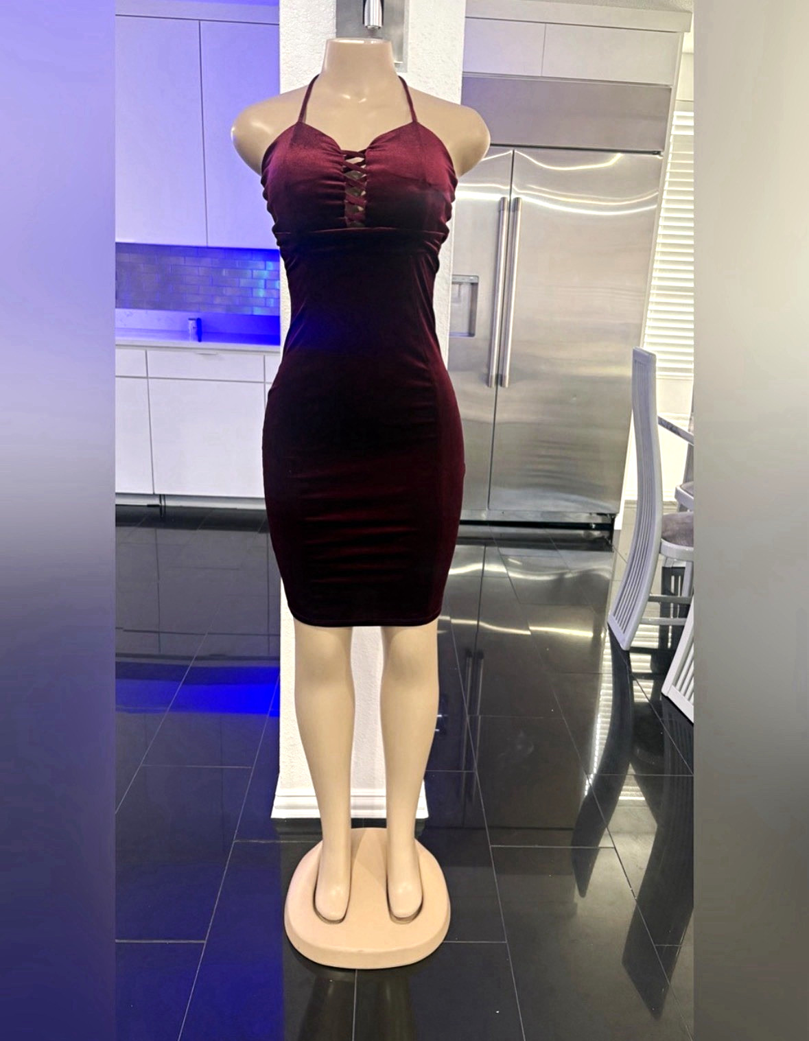 Joe & Elle Burgundy Velvet Sweetheart Halter Bodycon Knee Dress S Zip Stretch