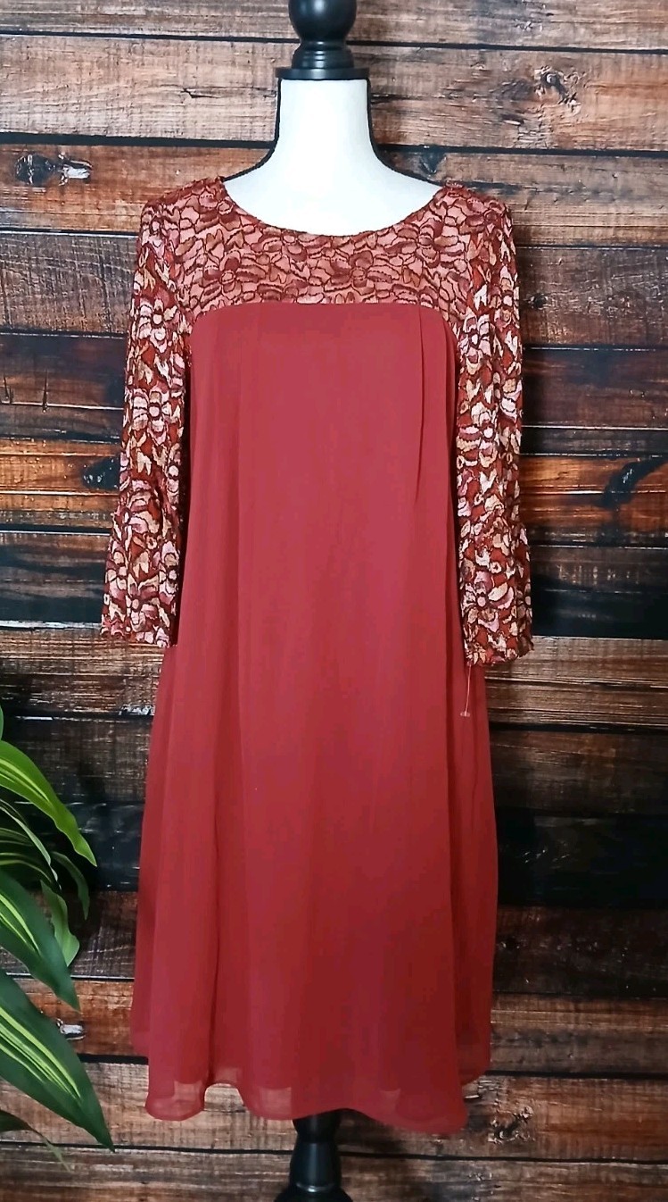 Perceptions New York Shift Dress Size 6 Lace Top Cropped Bell Cuff Sleeves Lined