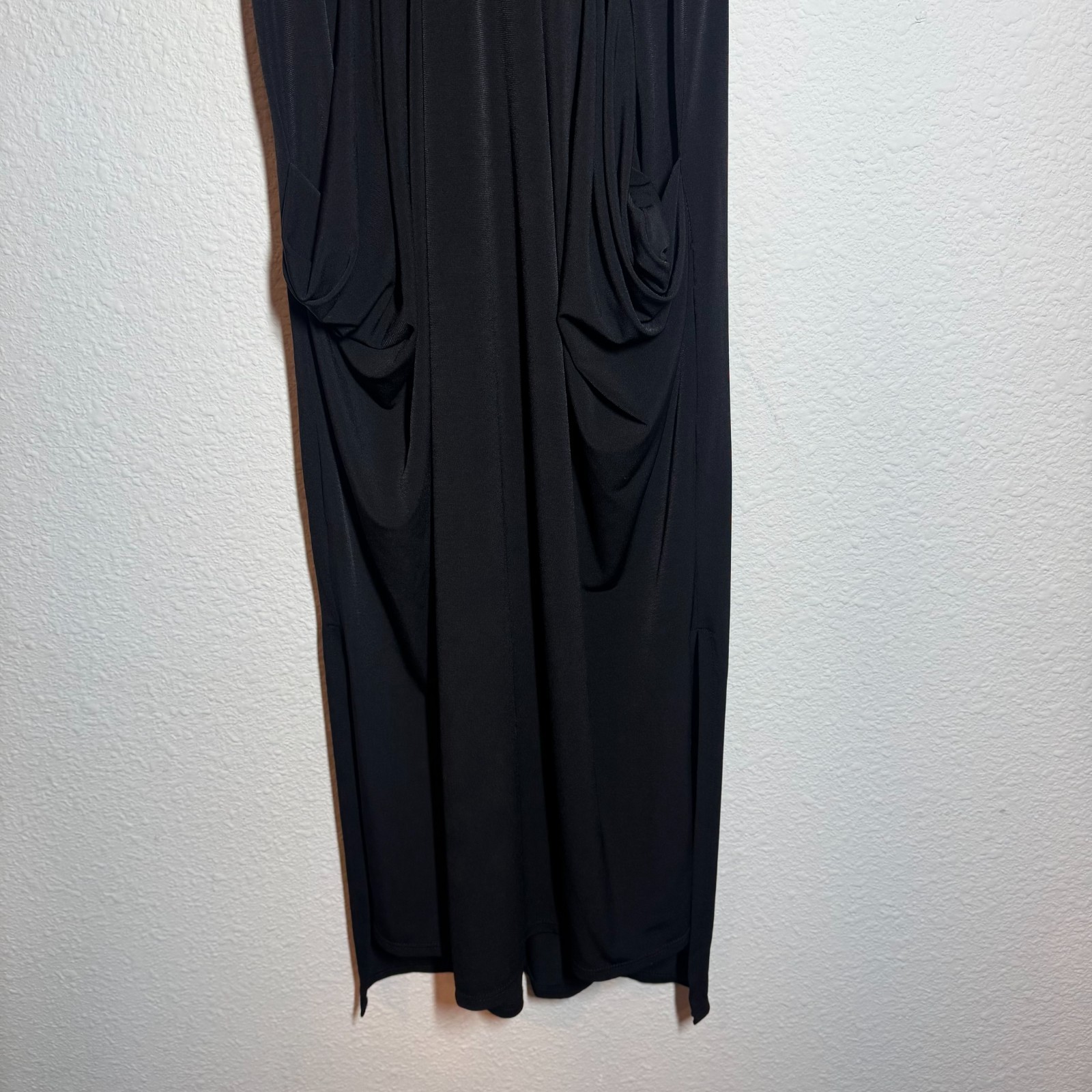BCBGeneration Midi Dress Women Black Draped Pockets Keyhole Back Spaghetti Strap