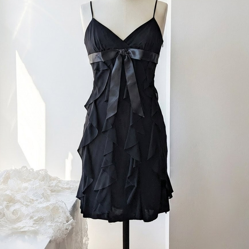 Betsy & Adam Linda Bernell Black V-Neck Bow Layered A-Line Dress 12