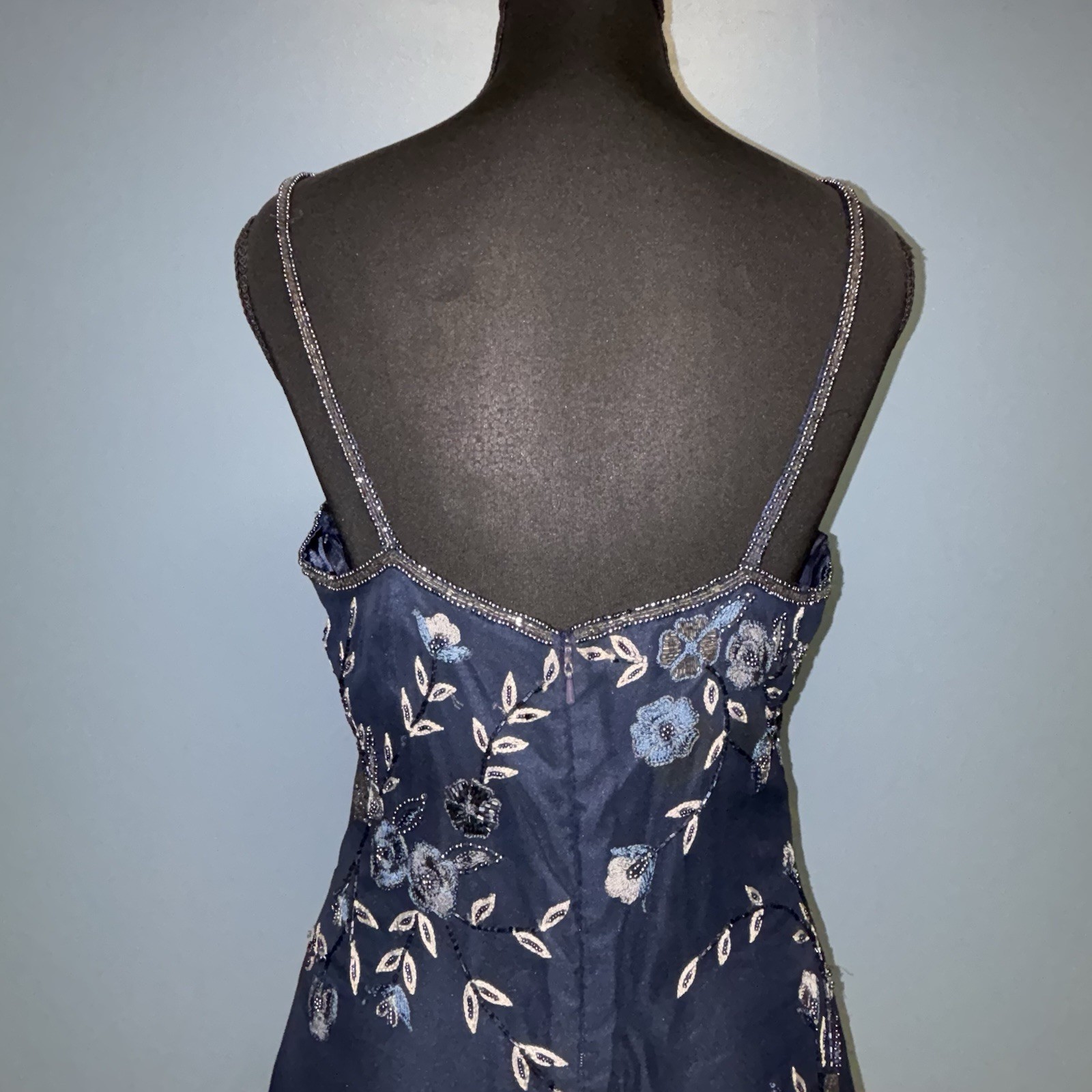 Rare Vintage SCALA Navy Size S Pure Silk Beaded Maxi Dress Gown Slit Elegant