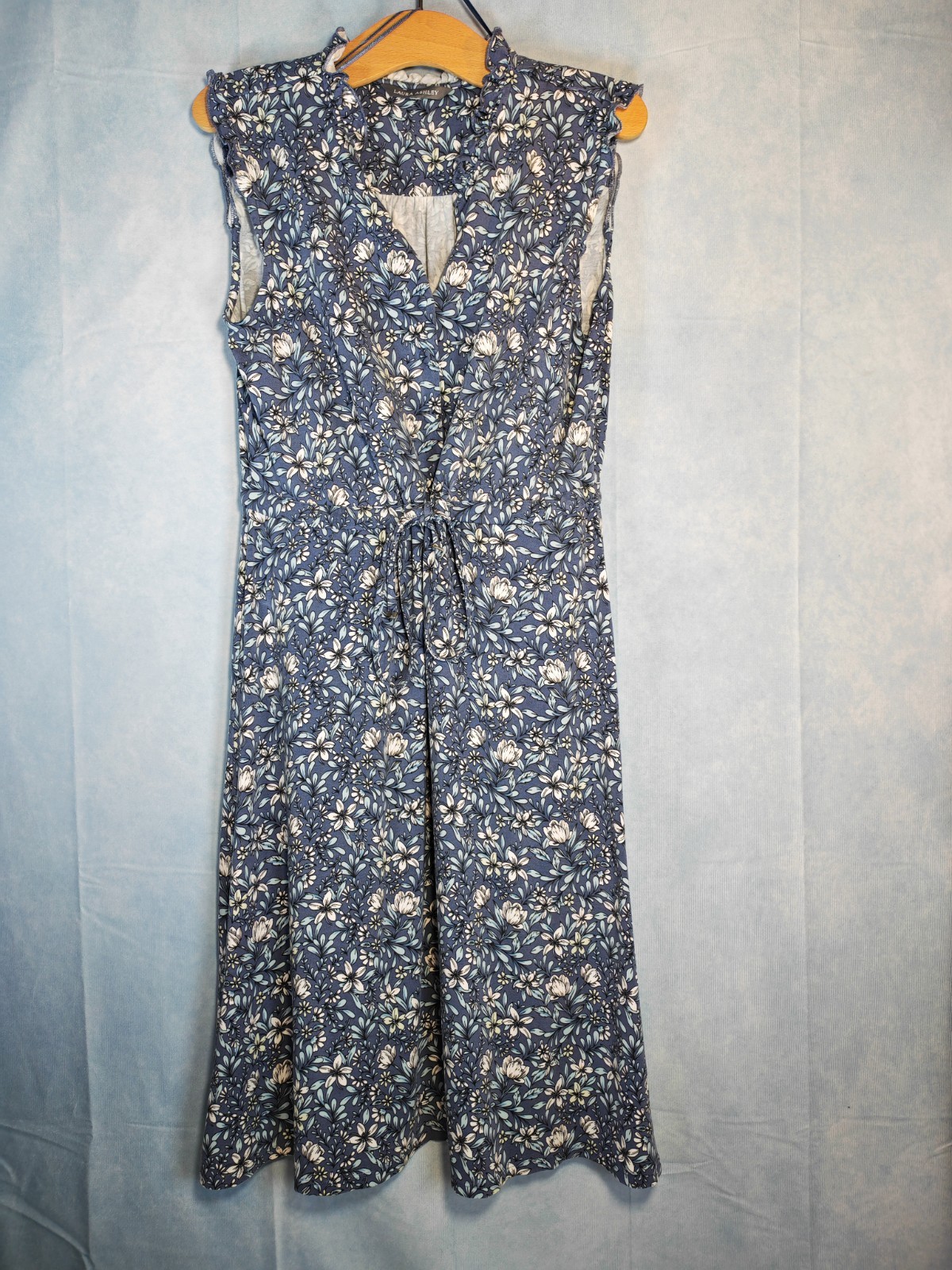 Beautiful Laura Ashley Blue Floral Stretch Frill Dress Waist Tie Belt UK 18