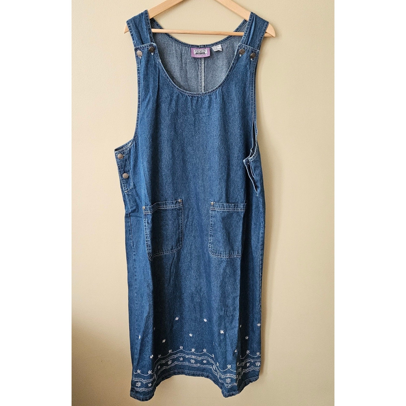 Vintage 90s Denim Jumper Maxi Dress Size 2XL Embroidered Floral Cottage Teacher