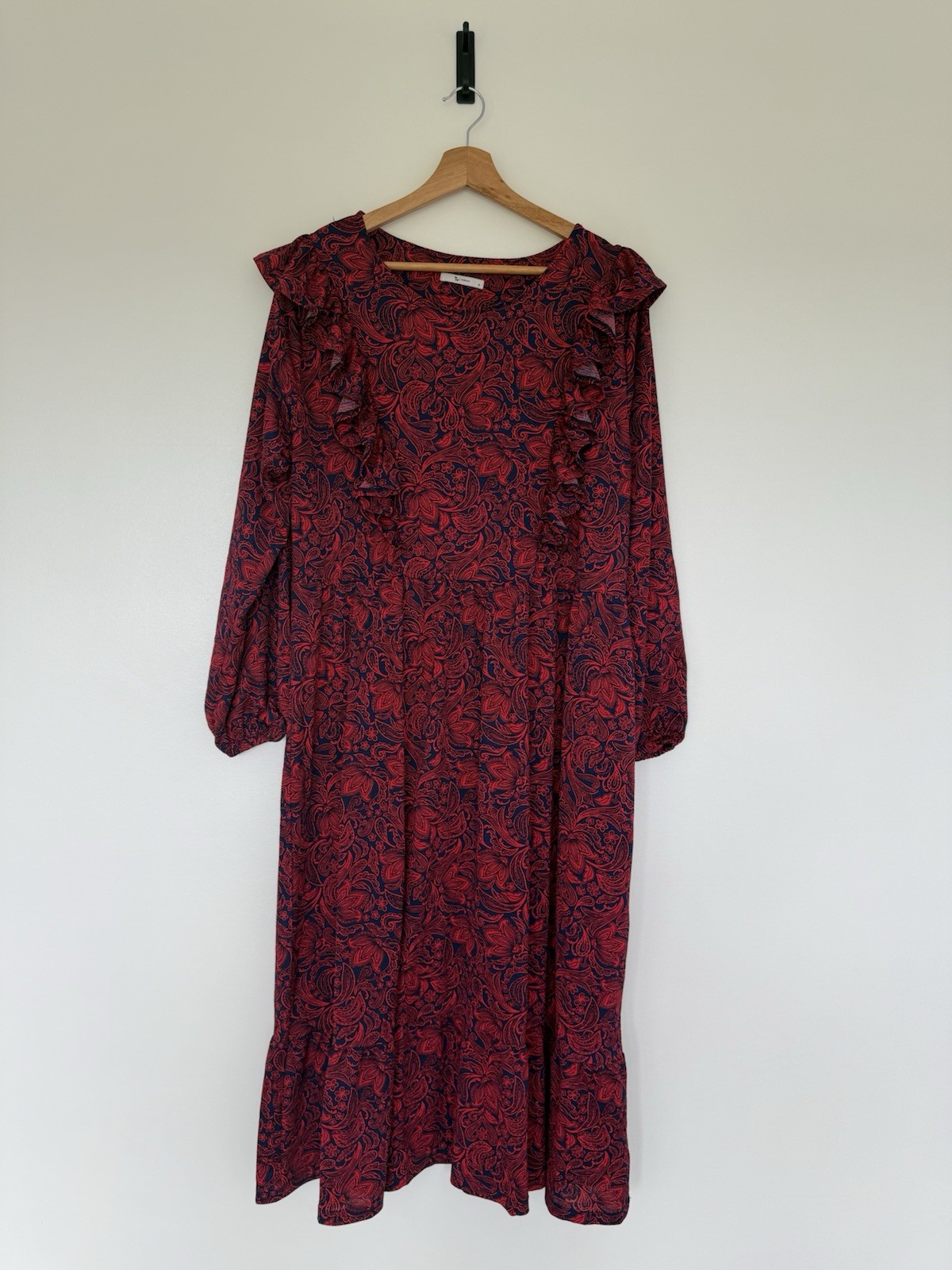 Tu Woman Red Navy Paisley Midi Dress UK 16 Ruffle Frill Long Sleeve