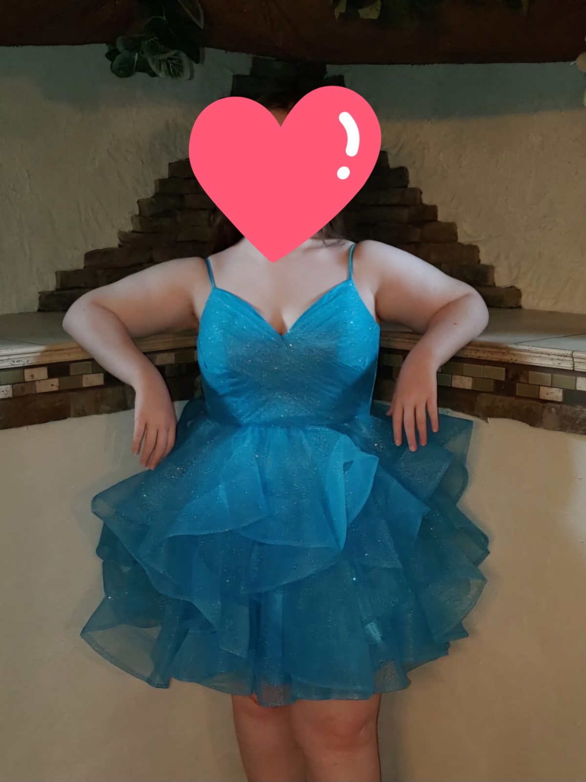 Women’s Blue S V-Neck Spaghetti Strap Ruffle Glitter Tulle Short Dress