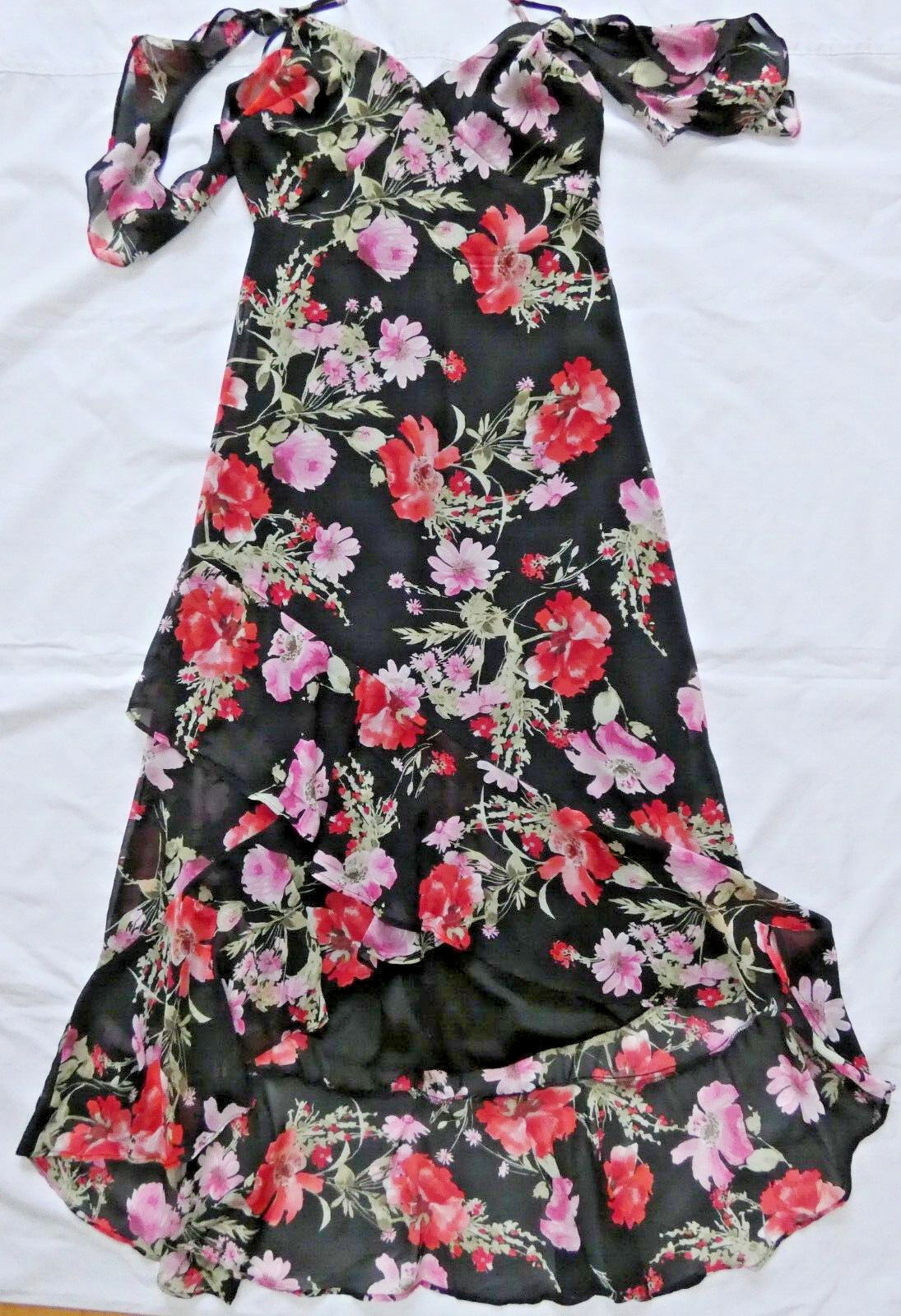 Speechless Ruffled Hem High-Low Maxi Cold Shoulder Dress Black Floral NWT size S