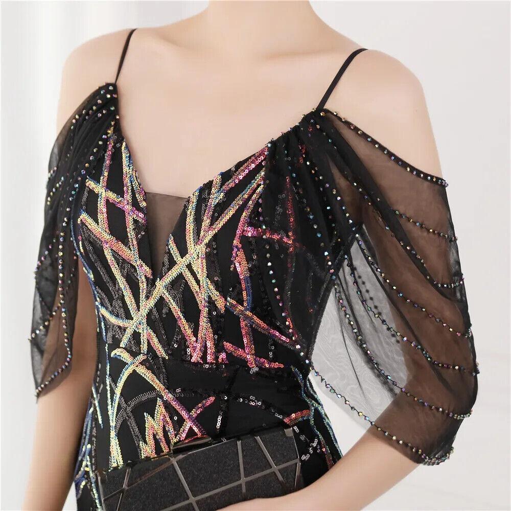 Women Performance Mesh Green Elegant Beading Evening Sequin Maxi Long Prom Dress