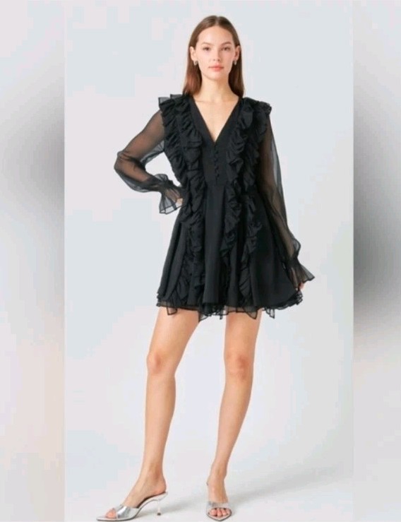 Endless Rose Chiffon Long-Sleeve Ruffle Mini Dress XS