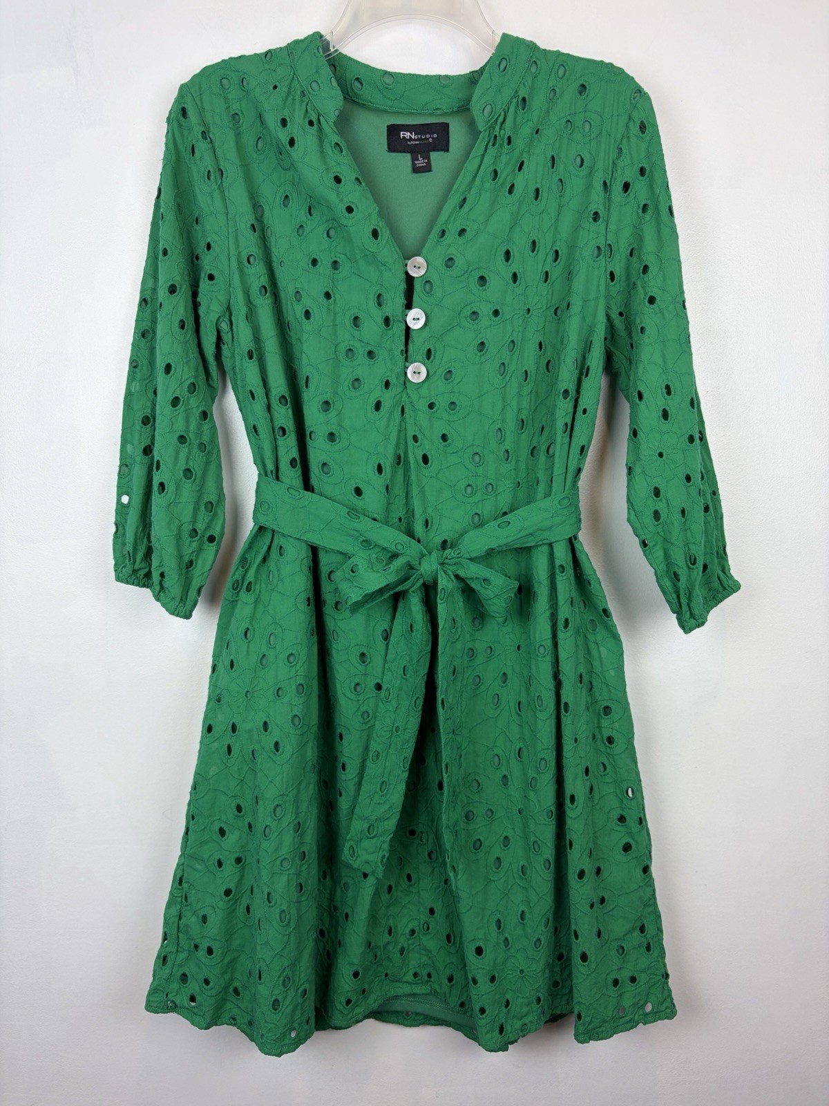 Kelly Green Eyelet Shift Dress Womens Large Belted Lined Career Casual Office
