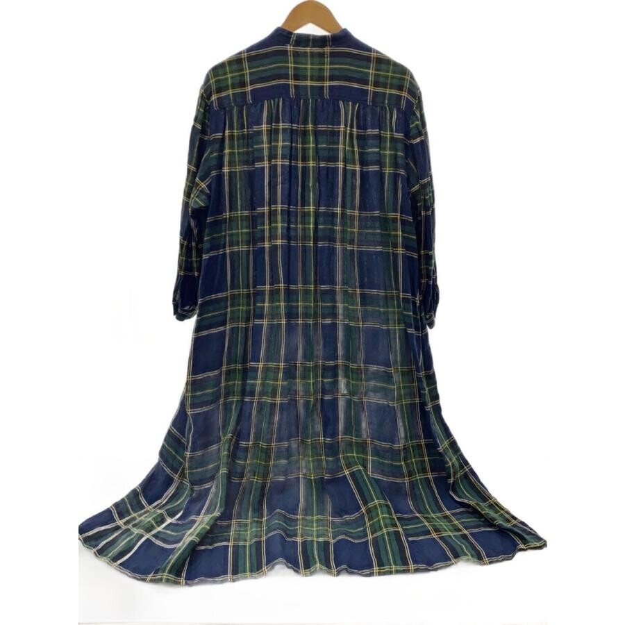 ICHI Antiquites Green Tartan Check Linen Gauze Gathered Dress Women M 120cm