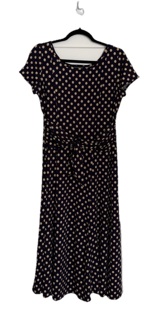 PERCEPTIONS New York Dress Flare Size Large Navy With Taupe Tan Polka Dots