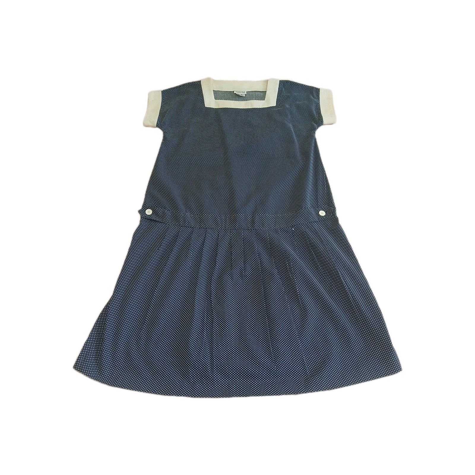 Mothers Work Womens L Navy Polka Dot Midi Dress Square Neck Pleated 1940s Style